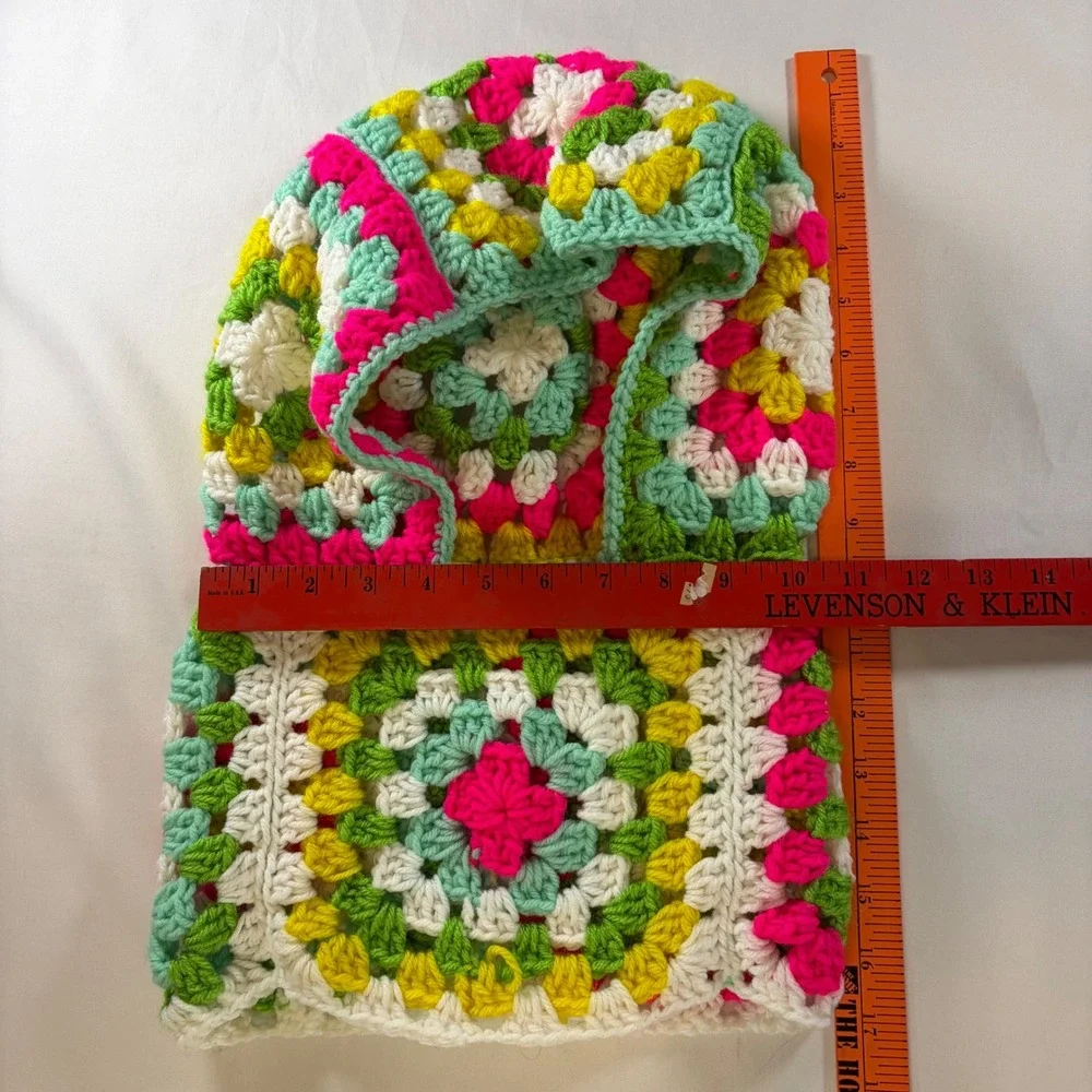 Handmade Crochet Granny Square Balaclava Hood Neck Warmer Multi-Color Boho
